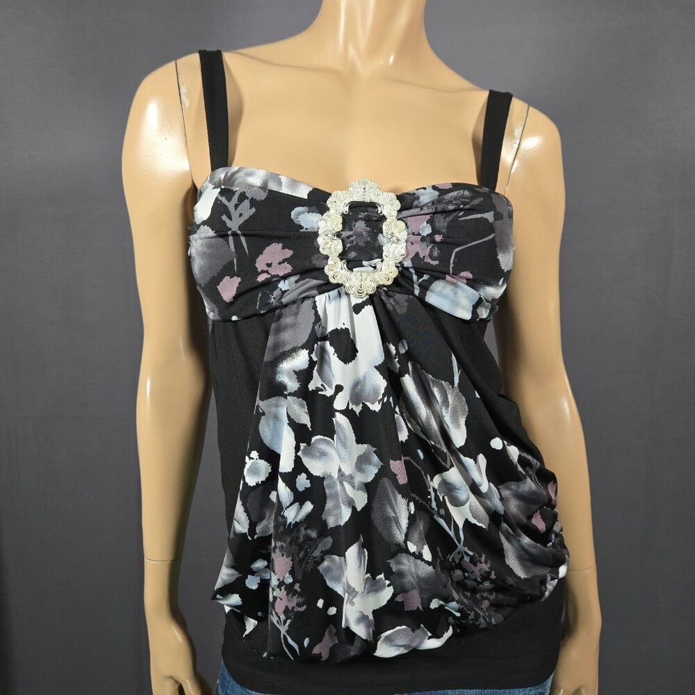 Y2K McBling Black Floral Sleeveless Top Big Buckle Size M Gothic Fairy Babydoll
